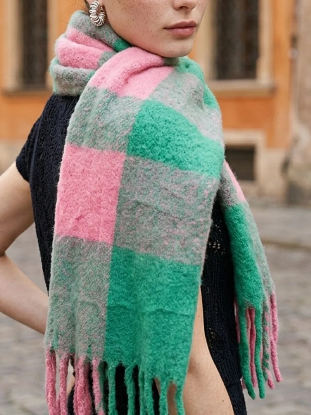 Plaid Fringe Scarf in Pink and Green
